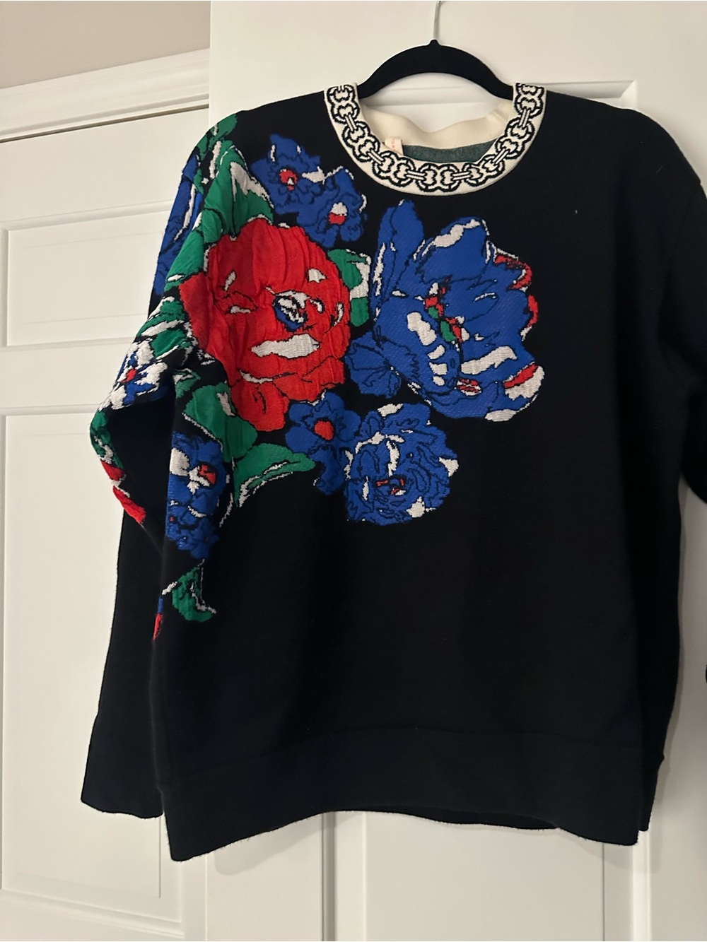 Tory Burch Black Floral Crewneck Sweater with Bold Red & Blue Blooms
